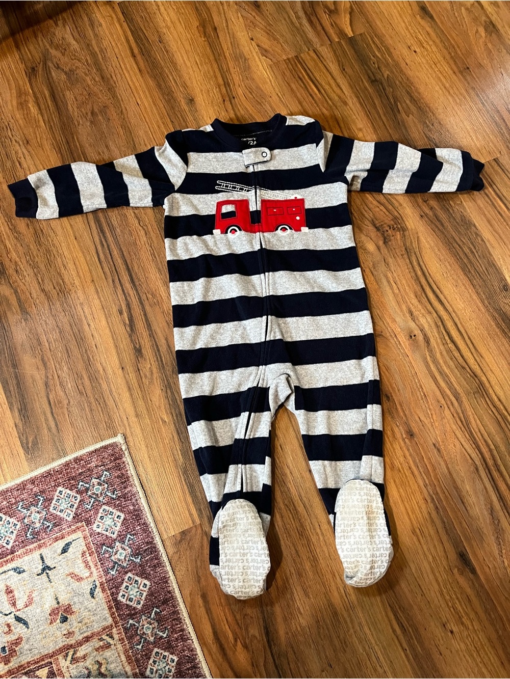 3/$10 Carter's Navy and Gray Striped Footed One-Piece with Red Fire Truck
